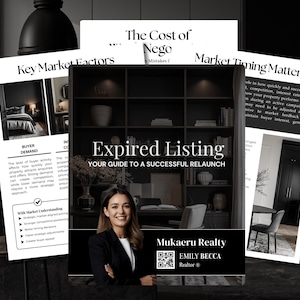 May include: A multi-page real estate guide titled Expired Listing: Your Guide to a Successful Relaunch. The cover features a person in a black blazer, the Mukaeru Realty logo, Emily Becca Realtor, and a QR code. Interior pages show market factors.