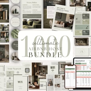 May include: A digital bundle for Airbnb hosts, featuring templates for welcome guides, house rules, and a dashboard. The design uses a neutral colour palette with modern fonts. The text "1000 ultimate Airbnb Host Bundle" is visible. Includes documents for property management.