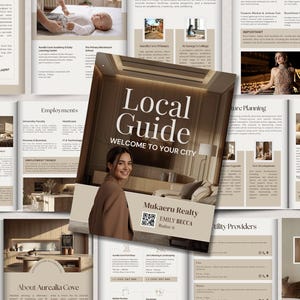 May include: A brochure titled "Local Guide" with the text "Welcome to Your City" and a photo of a woman. The brochure is surrounded by other pages with text and images, including "Local Living" and "Employments."
