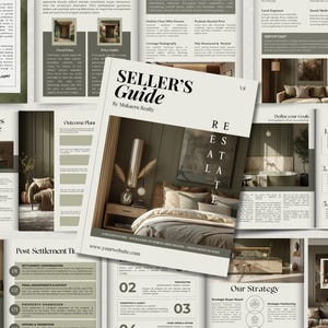 May include: A real estate seller's guide titled "SELLER'S Guide" by Mukaern Realty, with the word "REAL ESTATE" in large letters. The guide features interior design images and text on a light beige background.