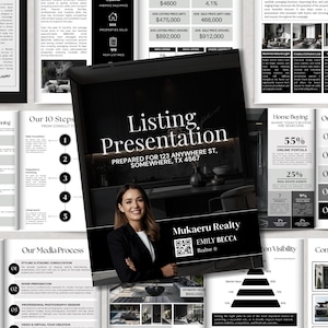May include: A real estate listing presentation in black and white. The cover displays "Listing Presentation" and a woman's photo. Further pages outline services and market data, with measurements in cm.