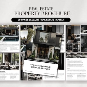 May include: A 28-page real estate property brochure template for Canva featuring a black and white colour scheme. The cover displays a modern house exterior with the text 572 MASON AVENUE, LONDON, ST 57255 and Mukaero Realty at the bottom.