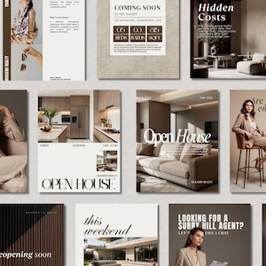 May include: A collection of real estate marketing materials. The images feature text such as "Coming Soon," "Open House," and "Hidden Costs." The color palette is neutral, with beige, brown, and white tones. The images include interior and exterior shots of homes.