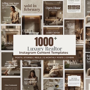 May include: A collection of Instagram content templates for luxury realtors. The templates feature images of homes, open houses, and real estate professionals. The color palette is neutral with brown and beige tones. Text includes "Open House" and "Luxury Realtor".