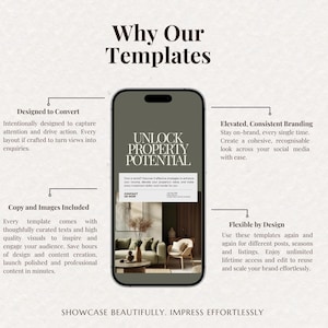 May include: A smartphone displays a template with the text "UNLOCK PROPERTY POTENTIAL." The image includes text about design, branding, and content creation. The background is a neutral beige color with text that reads "SHOWCASE BEAUTIFULLY. IMPRESS EFFORTLESSLY."