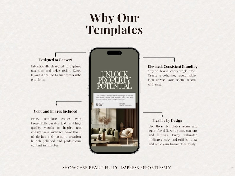 May include: A smartphone displays a template with the text "UNLOCK PROPERTY POTENTIAL." The image includes text about design, branding, and content creation. The background is a neutral beige color with text that reads "SHOWCASE BEAUTIFULLY. IMPRESS EFFORTLESSLY."