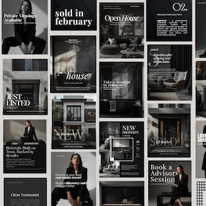 Pode incluir: Uma coleção de gráficos promocionais em tons de preto e branco, promovendo serviços imobiliários. As imagens apresentam textos como "Vendido em fevereiro", "Open House" e "Nova propriedade", juntamente com fotos de estilo de vida e uma mulher de fato.