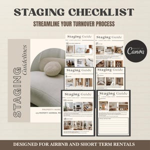 Könnte beinhalten: Eine beige und weiße Staging-Checkliste mit dem Text "STAGING CHECKLIST" und "STREAMLINE YOUR TURNOVER PROCESS". Die Checkliste ist für Airbnb und Kurzzeitmieten konzipiert. Das Bild enthält ein "Made in Canva"-Logo.