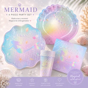 Paquete de artículos para fiesta de sirenas en papel de aluminio plateado, juego de vajilla de sirena con conchas iridiscentes, platos, vasos y servilletas festoneados, decoración bajo el mar.