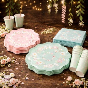 May include: A collection of pastel-colored party supplies, including scalloped-edge plates in pink and mint green, matching cups, and napkins. Floral designs adorn the plates and napkins, with a scattering of flowers on a wooden surface.