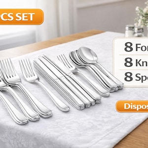May include: A 24-piece stainless steel flatware set, including forks, knives, and spoons, arranged on a white tablecloth. The set includes 8 forks, 8 knives, and 8 spoons. The word "Disposable" is also visible.