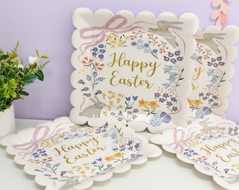 Floral Bunny Easter Plates – Scalloped Square Spring Party Tableware