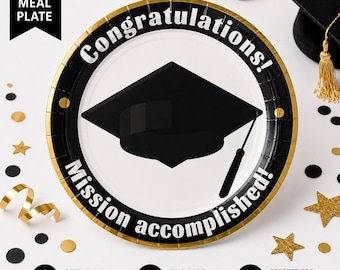 16/24/32 pcs Graduation Party Plates 9 Inch Black Gold Congrats Grad Disposable Dinner Plates, Class of 2026 Graduation Decors, Tableware