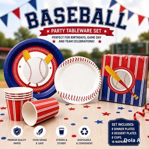 Basebollfesttillbehörset för 8/12/25 gäster, basebollfödelsedagsdekorationer, papperstallrikar, koppar, servetter, basebollgrillfestporslin