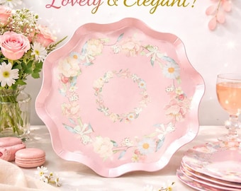 Pastel Pink Floral Paper Plates 8.5 Inch, Scalloped Dessert Plates, Baby Shower Plates, Bridal Shower Decor, Tea Party Supplies