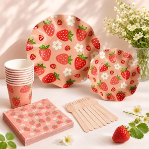 Jordgubbsfestdekorationsset för 8/12/25 gäster, Blombladsformade papperstallrikar, koppar, servetter, träredskap, frukt och sommarporslin