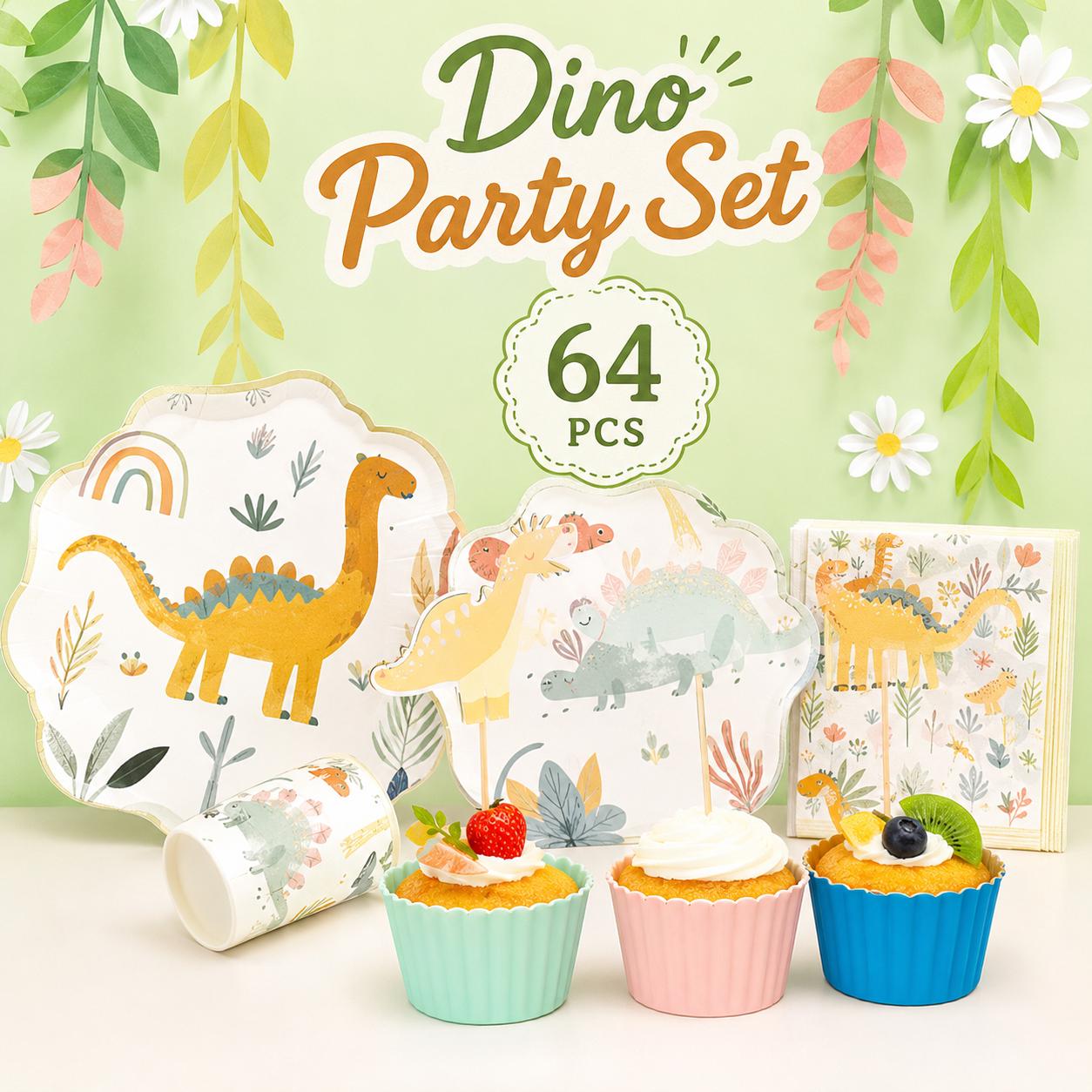 Dinosaur Party Supplies Set for 12 Guests, Pastel Dino Birthday Tableware Bundle, plates/cups/napkins/cake topper, kids summer party