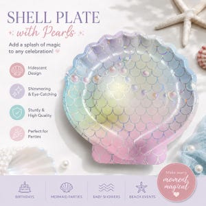 May include: A shell-shaped plate featuring an iridescent finish with a repeating scale pattern in pastel shades of pink, yellow, and blue. The plate has a scalloped edge and a glossy surface. Text on the image includes SHELL PLATE with Pearls.