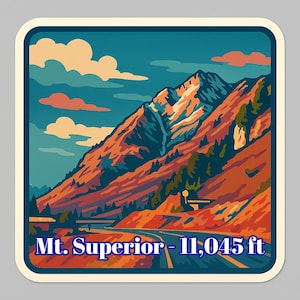 May include: A sticker featuring a stylized illustration of Mt. Superior. The artwork depicts a mountain range with orange and brown hues, a road, and the text "Mt. Superior - 11,045 ft". The sky is blue with orange and white clouds.