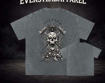 Skull Punk Back Print Shirt, Gothic Metal Graphic Tee, Vintage Washed Oversized Streetwear