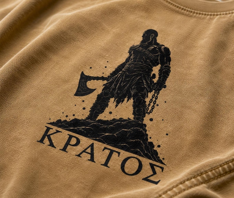 May include: A tan-colored t-shirt featuring a black graphic print of a muscular warrior figure standing on a rocky mound. The figure holds an axe in one hand and a chain in the other. Below the figure, the Greek text "&Kappa;&Rho;&Alpha;&Tau;&Omicron;&Sigma;" is printed in black.