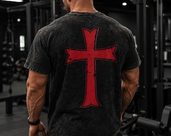 Crusader Cross Oversized T Shirt, Vintage Washed Gym Tee, Medieval Streetwear Shirt, Snow Wash