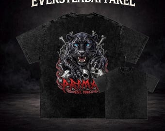 Panther Skull Graphic Tee, Vintage Washed Oversized Cotton Shirt