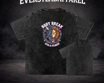 Body Break Lion Graphic Gym Shirt, Vintage Washed Oversized Workout Tee