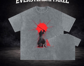 Red Sun Warrior Graphic Tee, Acid Washed Oversized Workout Shirt, Japanese Streetwear Style