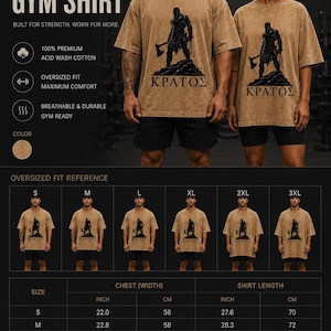 May include: An oversized tan acid wash cotton t-shirt featuring a black graphic of a warrior holding an axe with the Greek text Kratos below. The shirt is displayed with a size chart showing chest widths from 22.0 to 26.4 inches and lengths from 27.6 to 31.1 inches.