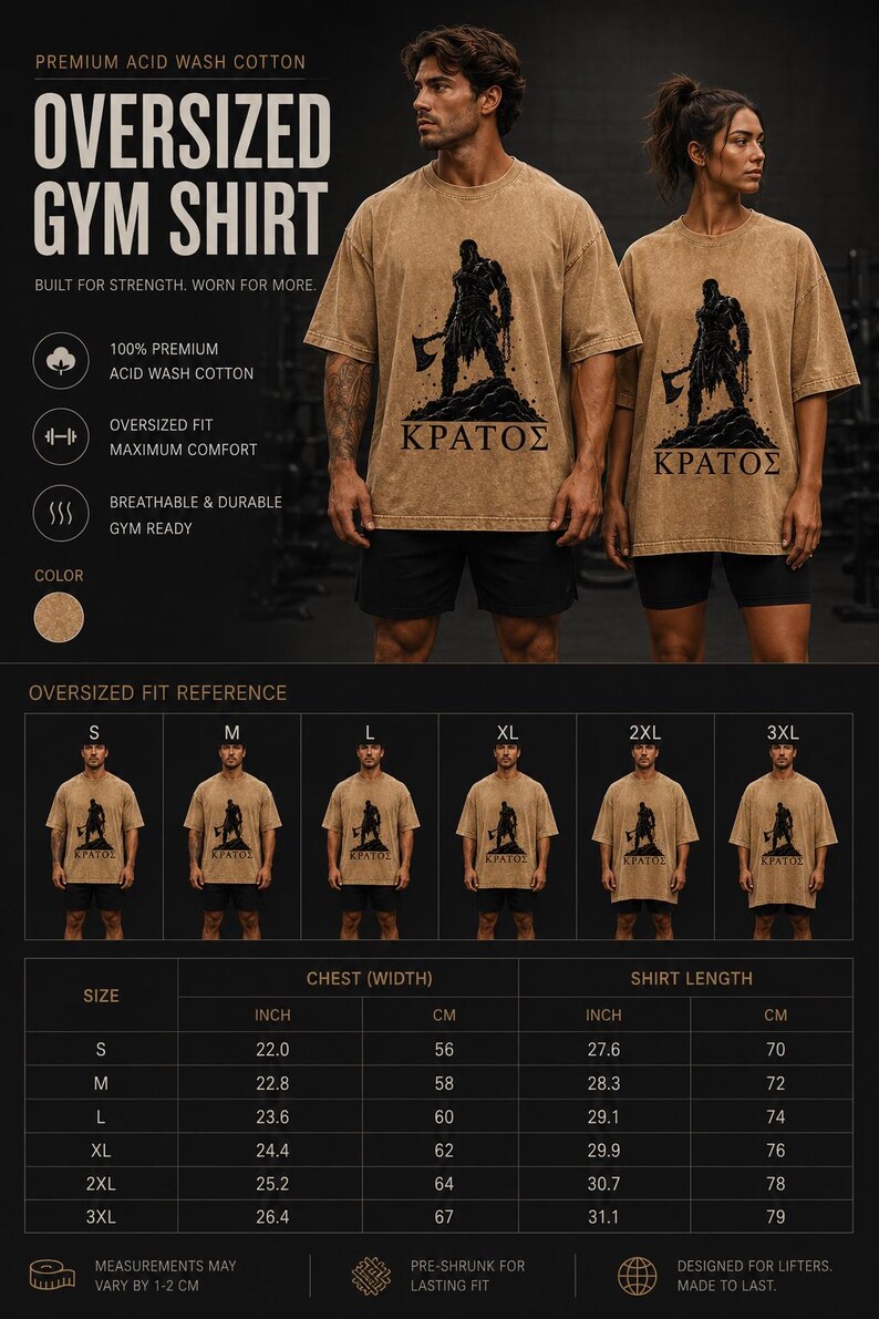 May include: An oversized tan acid wash cotton t-shirt featuring a black graphic of a warrior holding an axe with the Greek text Kratos below. The shirt is displayed with a size chart showing chest widths from 22.0 to 26.4 inches and lengths from 27.6 to 31.1 inches.