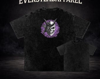 Demon Mask Oni Graphic Oversized Gym Shirt, Vintage Washed Workout Tee