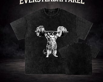Funny Deadlift Cat Gym Shirt, Vintage Washed Oversized Workout Tee