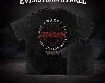 Cataclysm Gym Shirt, Vintage Washed Back Print, Oversized Workout Tee