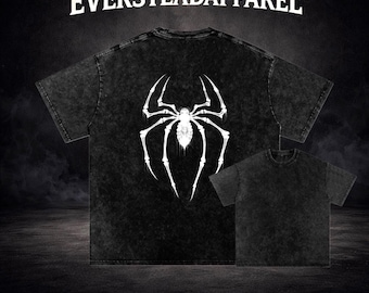 Vintage Acid Washed Spider Graphic Tee, Gothic Oversized Gym Shirt