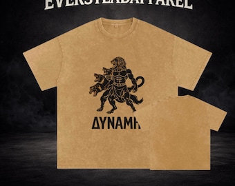 Dynamic Lion Warrior Gym Shirt, Oversized Acid Wash Pump Cover, Mythic Beast Graphic Tee