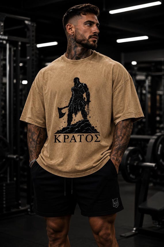 Kratos Strength Tee | Vintage Washed Oversized Gym Shirt | Greek Mythology Workout Apparel