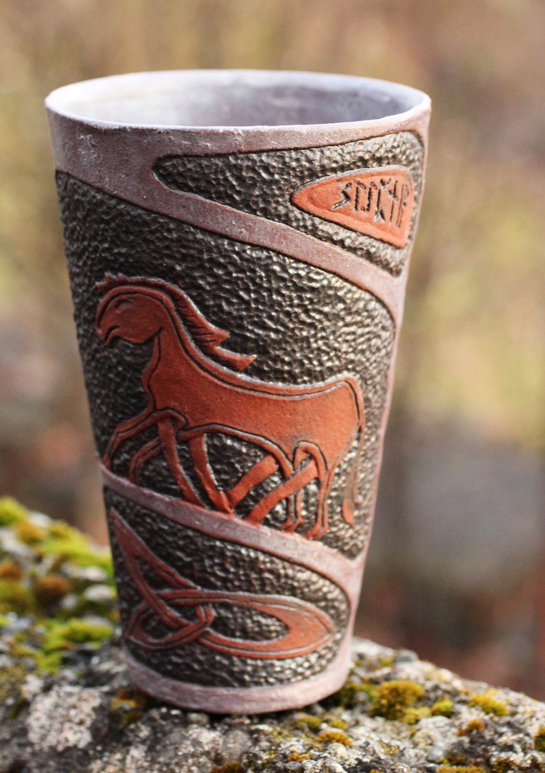 Set of four Ceramic Viking Cups and a Mug with carved pattern Etsy