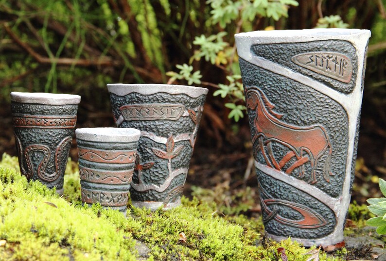 Set of four Ceramic Viking Cups and a Mug with carved pattern Etsy