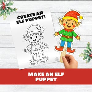 Pode incluir: Uma marionete de elfo colorida com chapéu vermelho, camisa verde e calças azuis é segurada por um palito de madeira. Ao lado, uma página para colorir em preto e branco de um elfo. O texto diz: "CREATE AN ELF PUPPET!" e "MAKE AN ELF PUPPET".