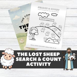 May include: An activity sheet with the title "Search & Count" featuring sheep illustrations and the text "The Lost Sheep Search & Count Activity". A second sheet shows a landscape with a sheep. The text reads "Jesus looks for every single one of us."