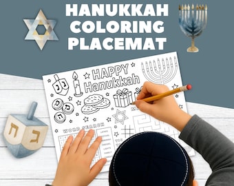 Hanukkah Placemat Coloring Page, Jewish Holiday Classroom Centers, Chanukah Kids Games, Fun Hebrew School Activity, Menorah, Dreidel, Latkes