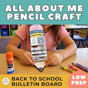 May include: A paper pencil craft titled All About Me with a pink eraser top labeled My Name Is Sofia, a section for age 5, and multiple accordion-folded panels featuring hand-drawn illustrations of favorite foods, activities, and personal interests.