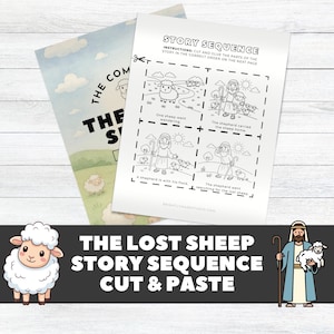Puede incluir: Juego de actividades de dos páginas con una secuencia de historias sobre una oveja perdida. La portada tiene una ilustración de oveja y el texto "THE LOST SHEEP STORY SEQUENCE CUT & PASTE". La página interior tiene una actividad de cortar y pegar.