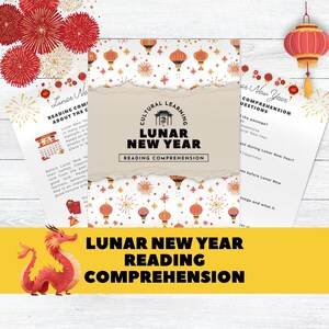 May include: A collection of Lunar New Year reading comprehension materials. The image features a dragon illustration, red lanterns, and text that reads "Lunar New Year Reading Comprehension". The design incorporates traditional Chinese New Year elements.