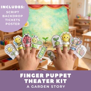 Puede incluir: Un kit de teatro de marionetas de dedo con temática de jardín. El kit incluye un guion, telón de fondo, entradas y un póster. La imagen muestra varias marionetas de dedo, incluyendo una abeja, una mariquita, una oruga, un brote, un sol, una mariposa y un caracol.