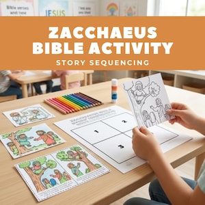 May include: A Zacchaeus Bible activity set featuring printed story sequencing worksheets, a black and white coloring page, and a set of colored pencils. The materials include illustrations of a person in a tree and a group of people on a table.