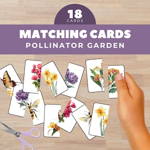 May include: A set of 18 matching cards featuring colorful illustrations of flowers, butterflies, and bees. The cards are arranged on a wooden surface, with the text "Matching Cards Pollinator Garden" displayed above. A pair of purple scissors is visible.