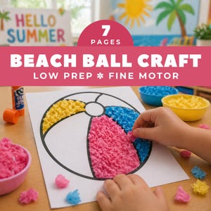 Printbaar sjabloon voor een strandbalknutsel, zomers knutselproject met tissuepapier voor kinderen, fijne motoriekactiviteit voor kleuters, activiteiten voor thuisonderwijs in groep 1