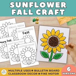 Könnte beinhalten: Ein Set aus Sonnenblumen-Bastelvorlagen mit sechs Versionen, die Phrasen wie HELLO, FALL, BLOOM INTO FALL, HAPPY FALL Y'ALL und AUTUMN VIBES enthalten. Eine Vorlage zeigt eine fertige Sonnenblume mit gelbem, braunem und grünem Seidenpapier.